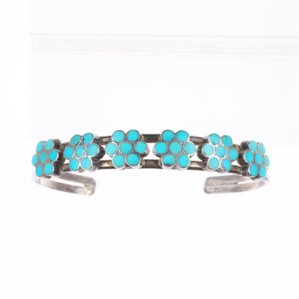 6.5" Vintage Dishta sterling silver flush inlay turquoise cuff bracelet