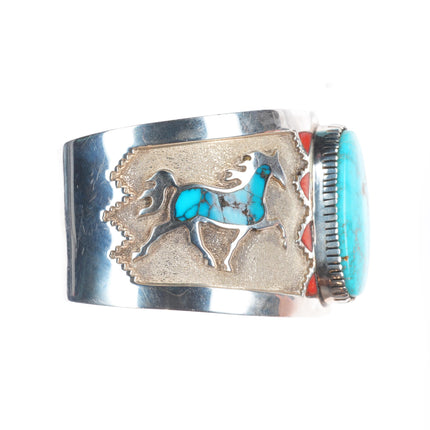 6.5" Michael Perry Navajo sterling silver, turquoise, coral horse cuff bracelet