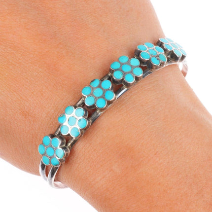 6.5" Vintage Dishta sterling silver flush inlay turquoise cuff bracelet