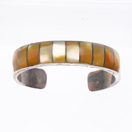 6" Vintage Zuni sterling silver yellow mother of pearl inlay cuff bracelet