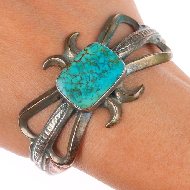 6.7" Vintage Zuni ingot silver high grade turquoise cast cuff bracelet