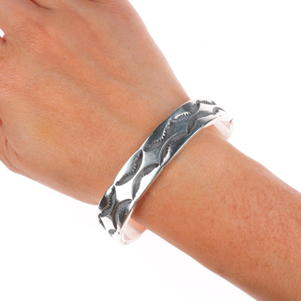 7.25" Nora Tahe Navajo sterling silver deep stamped heavy gauge cuff bracelet