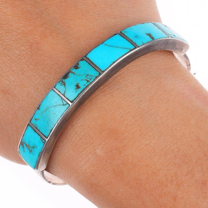 6.5" Vintage Zuni ingot/sterling silver turquoise channel inlay cuff bracelet