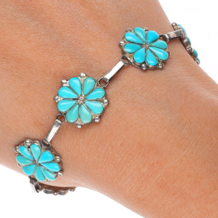 7" Vintage Zuni sterling silver channel inlay turquoise floriform link bracelet