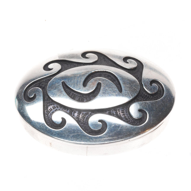 Vintage Bernard Dawahoya Hopi overlay box w/ wave/water pattern sterling silver