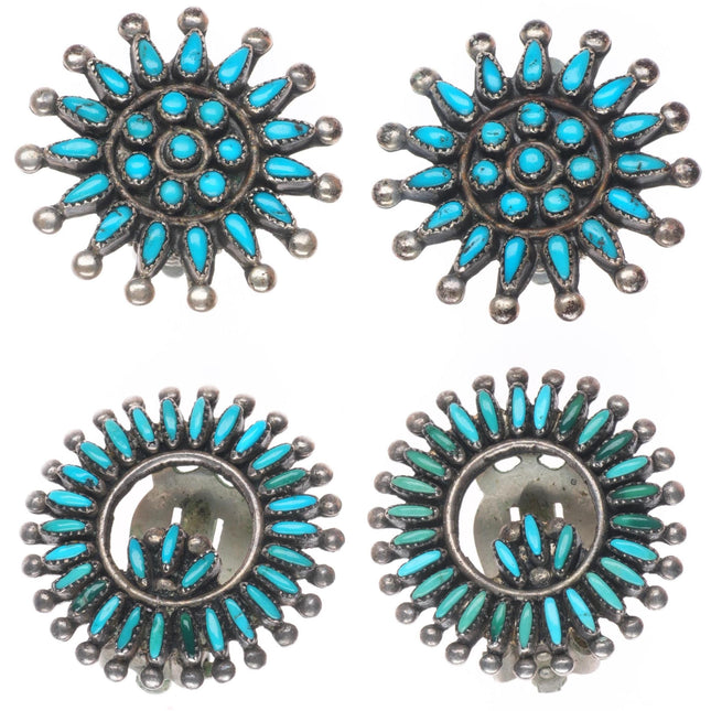40's-50's Zuni petit point turquoise sterling silver clip-on earrings