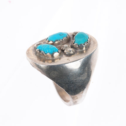 sz11 TU Big Zuni vintage sterling sliver flat top ring with turquoise