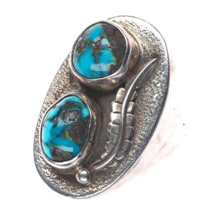 sz12.5 Vintage Navajo sterling silver 2 stone turquoise feather Men's ring