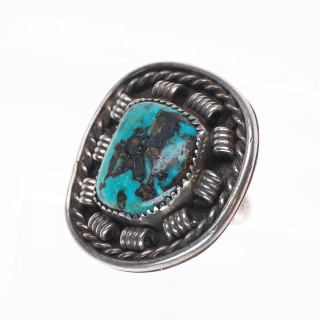 sz6.5 Vintage Navajo sterling silver ring with fancy bezel/nice turquoise