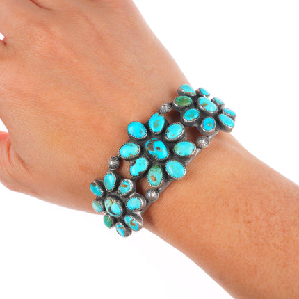 6.25" c1940 Vintage Zuni/Navajo sterling silver turquoise cluster cuff bracelet
