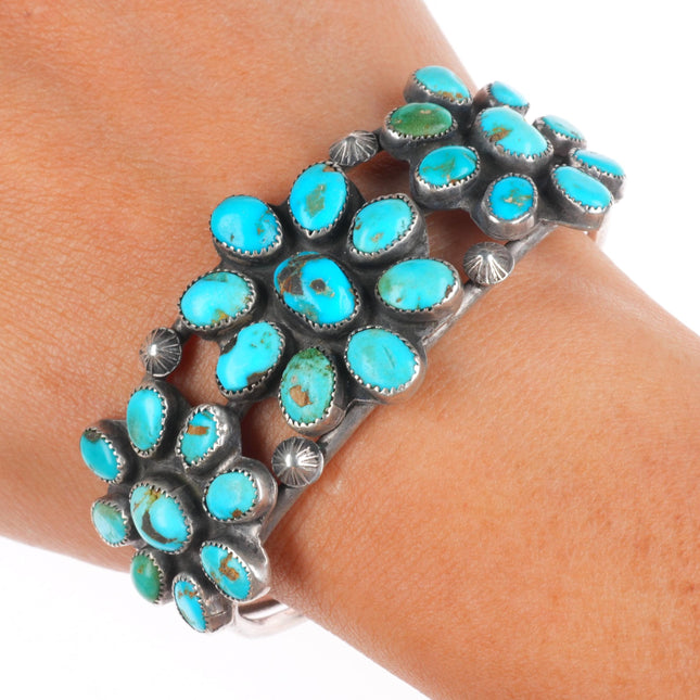 6.25" c1940 Vintage Zuni/Navajo sterling silver turquoise cluster cuff bracelet