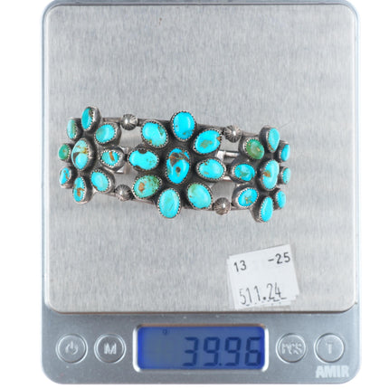 6.25" c1940 Vintage Zuni/Navajo sterling silver turquoise cluster cuff bracelet