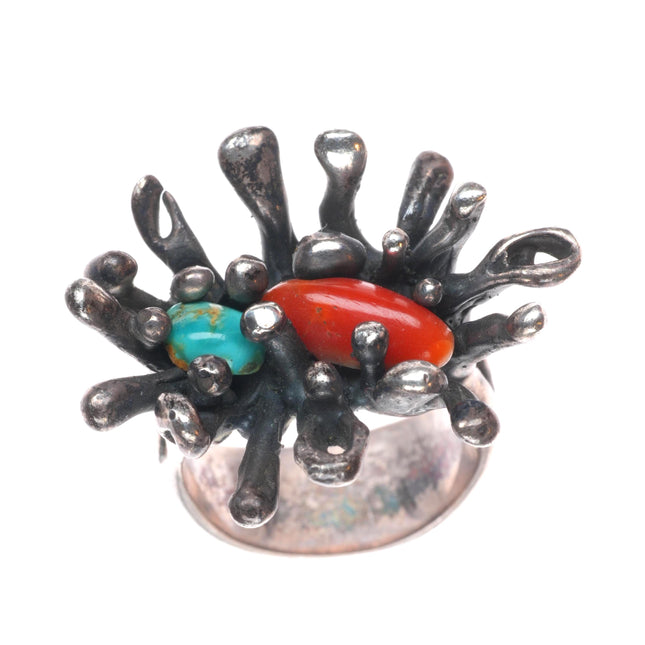 sz6.5 Vintage Brutalist southwestern sterling silver turquoise/coral ring