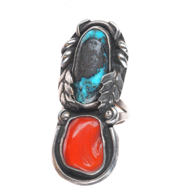 sz6.5 Vintage Navajo high grade turquoise/coral sterling silver long ring
