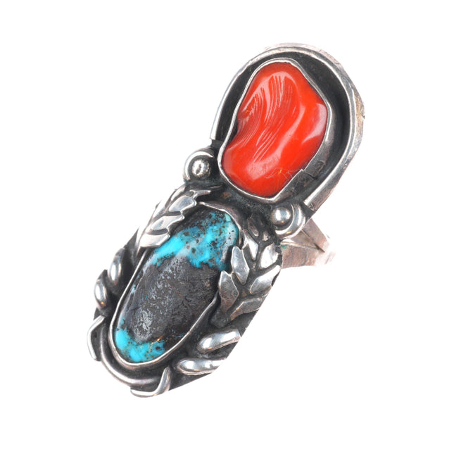 sz6.5 Vintage Navajo high grade turquoise/coral sterling silver long ring