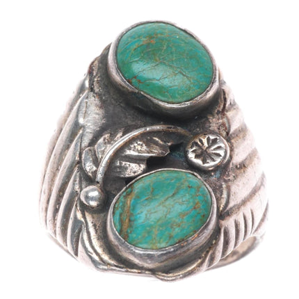 sz9 50's-60's Vintage Navajo sterling silver green turquoise long men's ring