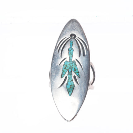 sz7 Tommy Singer Navajo sterling silver peyote bird chip inlay turquoise ring