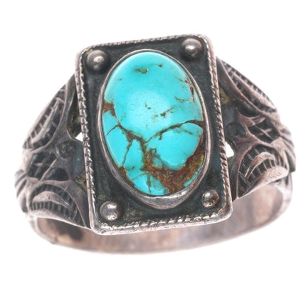 sz7.5 20's-30's Vintage Navajo sterling silver thunderbird ring with turquoise