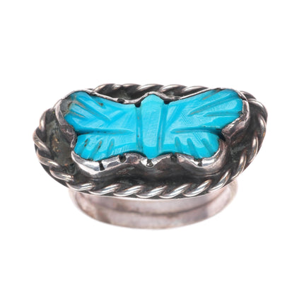 sz8 Vintage Zuni sterling silver carved turquoise butterfly ring