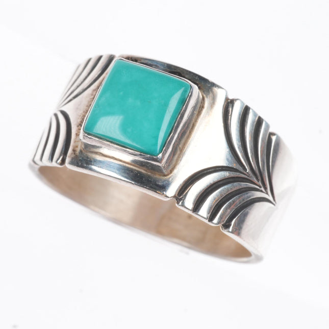 sz11 Steve Yellowhorse Navajo sterling silver turquoise chiseled band ring