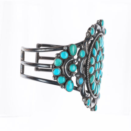 6.6" 40's-50's Zuni repousse sterling silver turquoise cluster cuff bracelet