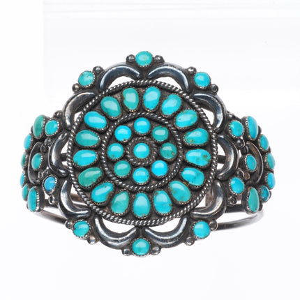6.6" 40's-50's Zuni repousse sterling silver turquoise cluster cuff bracelet