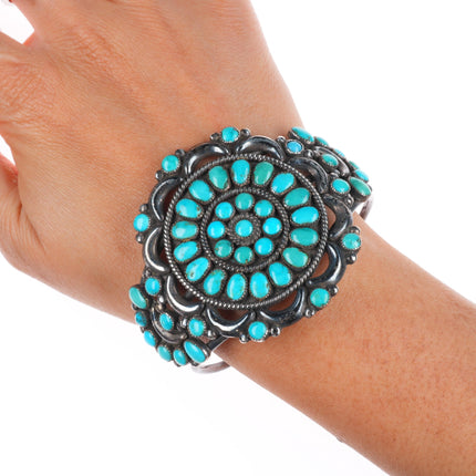 6.6" 40's-50's Zuni repousse sterling silver turquoise cluster cuff bracelet