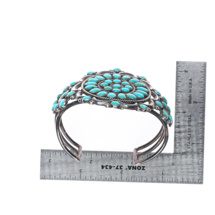 6.6" 40's-50's Zuni repousse sterling silver turquoise cluster cuff bracelet