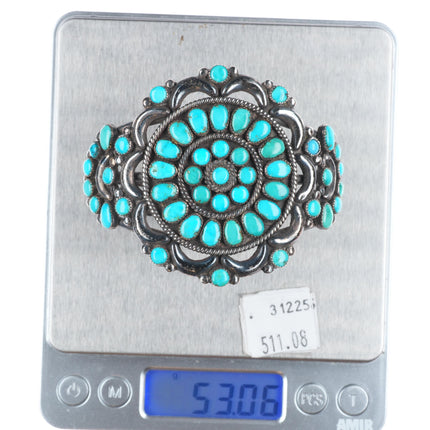 6.6" 40's-50's Zuni repousse sterling silver turquoise cluster cuff bracelet