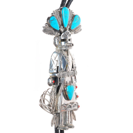 Huge Jerry Roan Navajo sterling silver turquoise/coral Kachina bolo tie