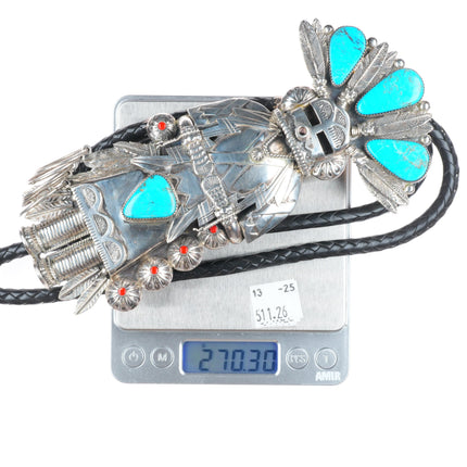 Huge Jerry Roan Navajo sterling silver turquoise/coral Kachina bolo tie