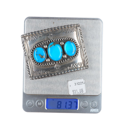 Vintage Navajo sterling silver deep stamped belt buckle with nice turquoise