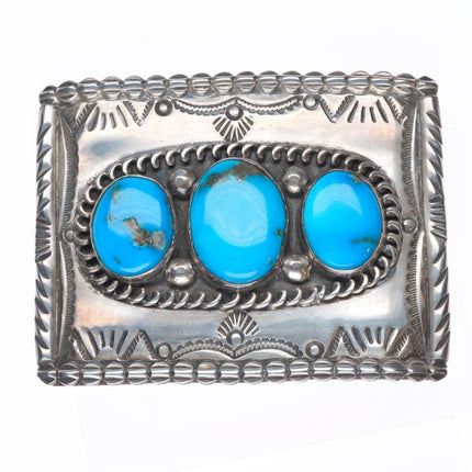 Vintage Navajo sterling silver deep stamped belt buckle with nice turquoise