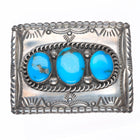 Vintage Navajo sterling silver deep stamped belt buckle with nice turquoise