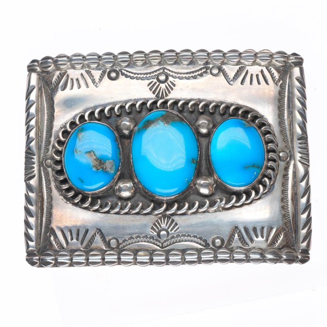 Vintage Navajo sterling silver deep stamped belt buckle with nice turquoise