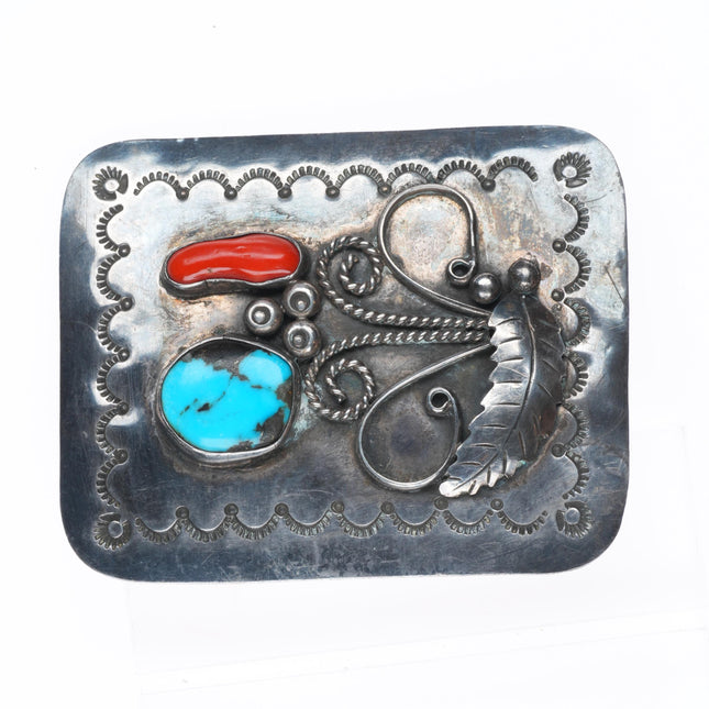 Vintage Navajo sterling silver, turquoise/coral belt buckle 1.5"