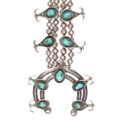 Vintage Navajo sterling silver handmade beads turquoise squash blossom necklace