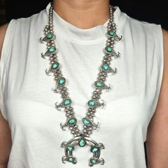 Vintage Navajo sterling silver handmade beads turquoise squash blossom necklace