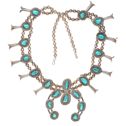 Vintage Navajo sterling silver turquoise squash blossom necklace handmade beads