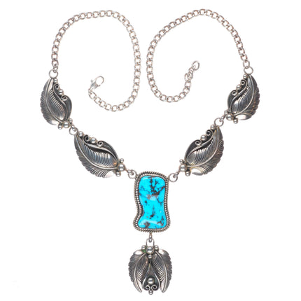 Vintage EB Navajo sterling silver Kingman turquoise necklace with feathers