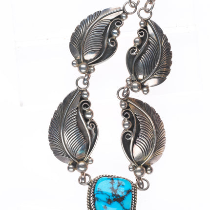 Vintage EB Navajo sterling silver Kingman turquoise necklace with feathers
