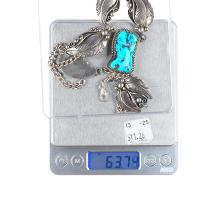 Vintage EB Navajo sterling silver Kingman turquoise necklace with feathers