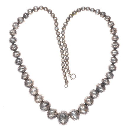 22.5" c1950 Vintage Navajo pearl sterling silver hand stamped beaded necklace
