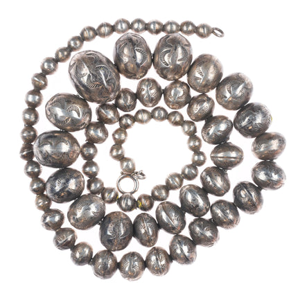 22.5" c1950 Vintage Navajo pearl sterling silver hand stamped beaded necklace