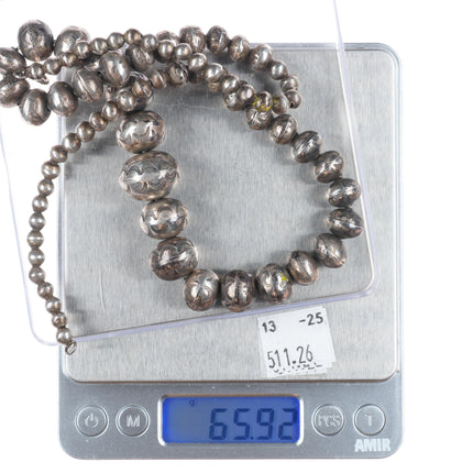 22.5" c1950 Vintage Navajo pearl sterling silver hand stamped beaded necklace