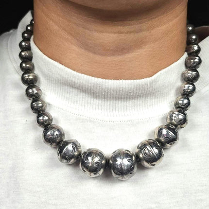 17.5" c1950 Vintage Navajo pearl sterling silver hand stamped beaded necklace