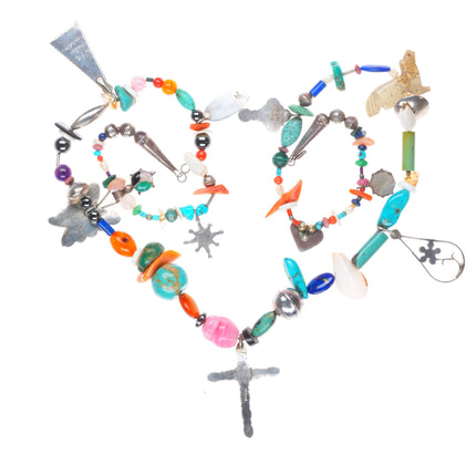 31" Vintage Navajo/Zuni/southwestern sterling silver charm necklace rosary