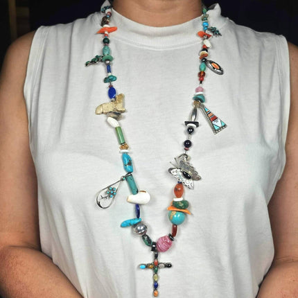 31" Vintage Navajo/Zuni/southwestern sterling silver charm necklace rosary