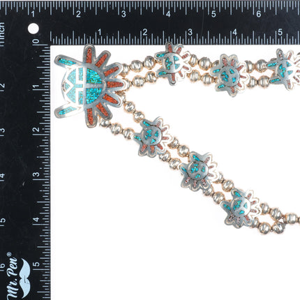 19" Vintage Navajo sterling silver turquoise chip inlay squash blossom necklace