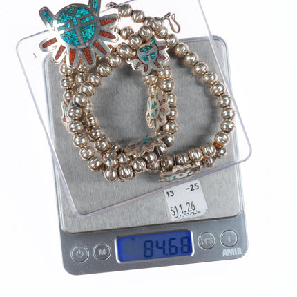 19" Vintage Navajo sterling silver turquoise chip inlay squash blossom necklace